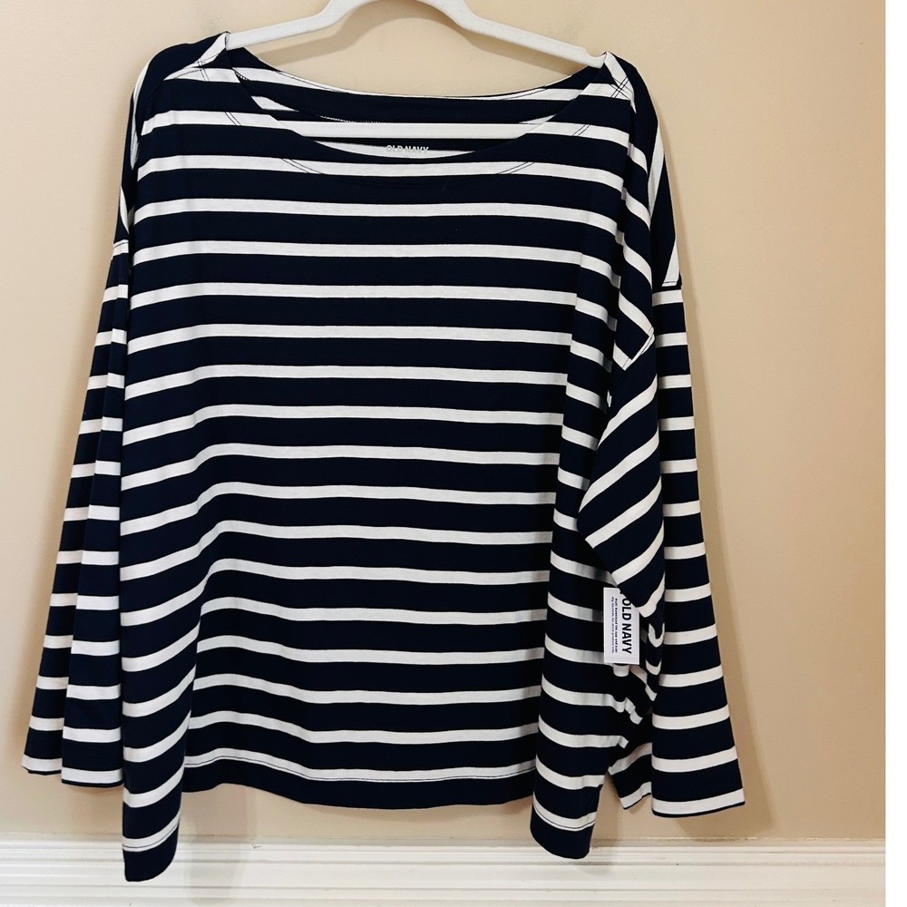 Old Navy Womens XXL Navy Blue White Striped Boat Neck Long Sleeve Mariner Top